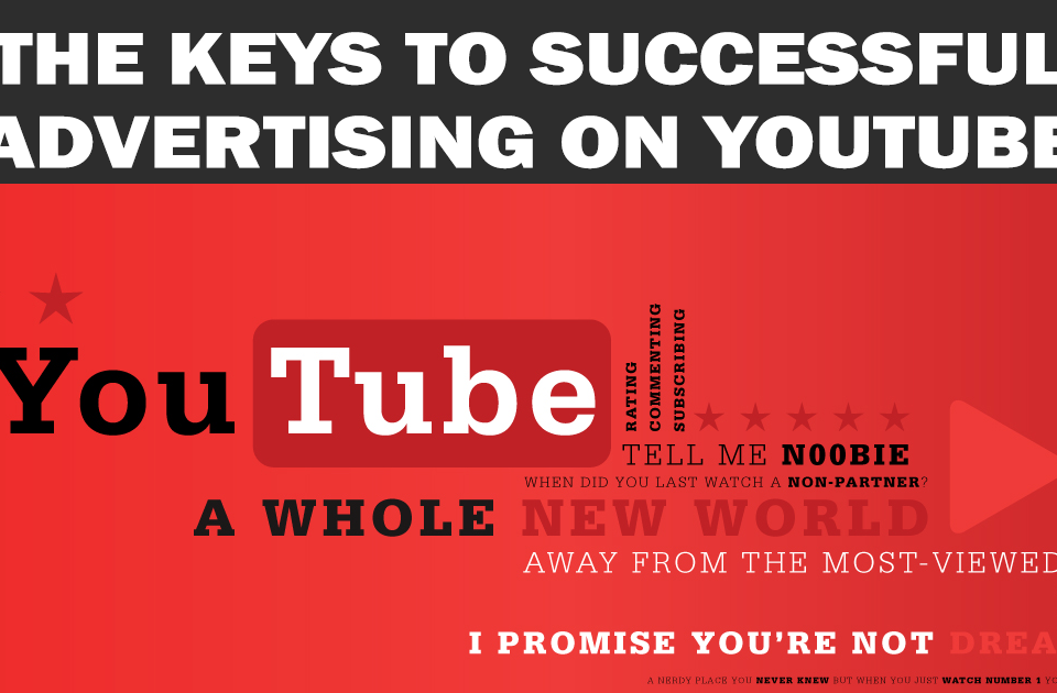 A red background banner with various bits of text reading "YouTube, A whole new world away from the most viewed page. I promise you're not dreaming"