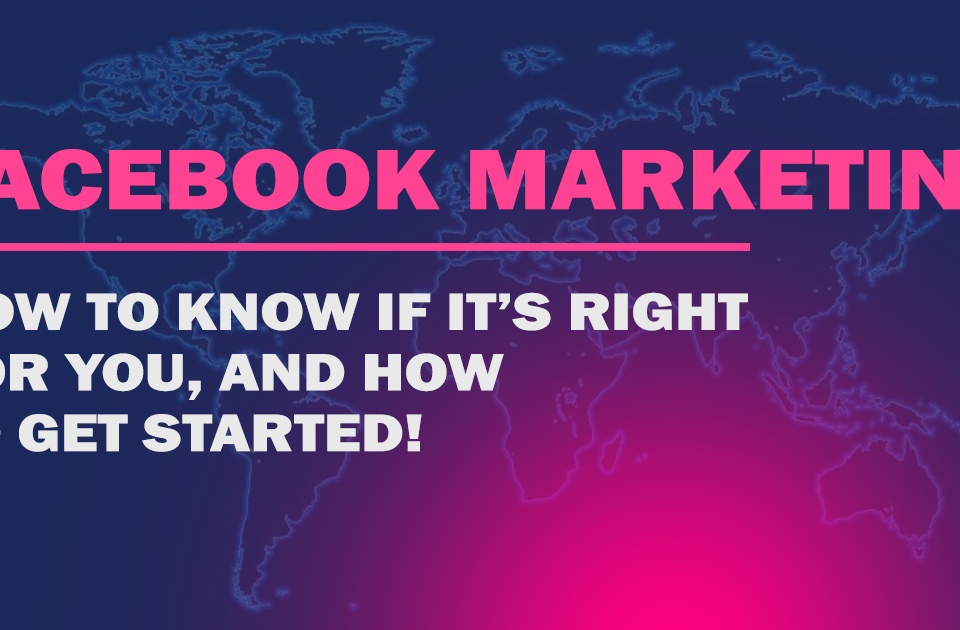 A flat image of the world with text on top reading " Facebook Marketing, How to know if it's right for you and how to get started"