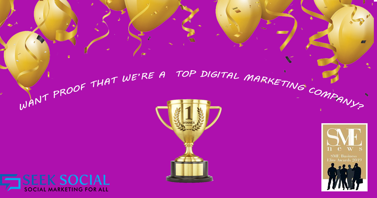 A picture of a purple background with some golden balloons on the top of the image and a golden trophy in the middle with text above the trophy reading "want proof that we're a top digital marketing company?"