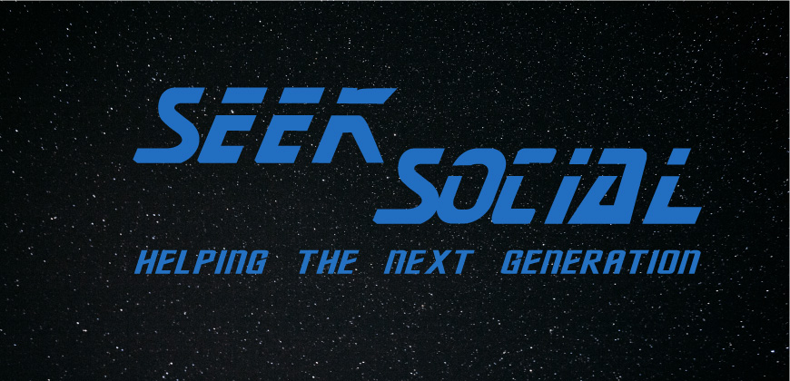A starry background, black with white speckles (stars). The foreground is a broken, light blue Block capital text of SEEK SOCIAL. Underneath, in the same colour but full words reading the next generation.