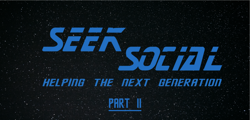 A starry background, black with white speckles (stars). The foreground is a broken, light blue Block capital text of SEEK SOCIAL. Underneath, in the same colour but full words reading the next generation.