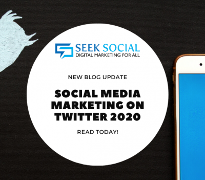 A smartphone showing the Twitter logo against a black background, next to white text reading 'social media marketing on Twitter 2020'