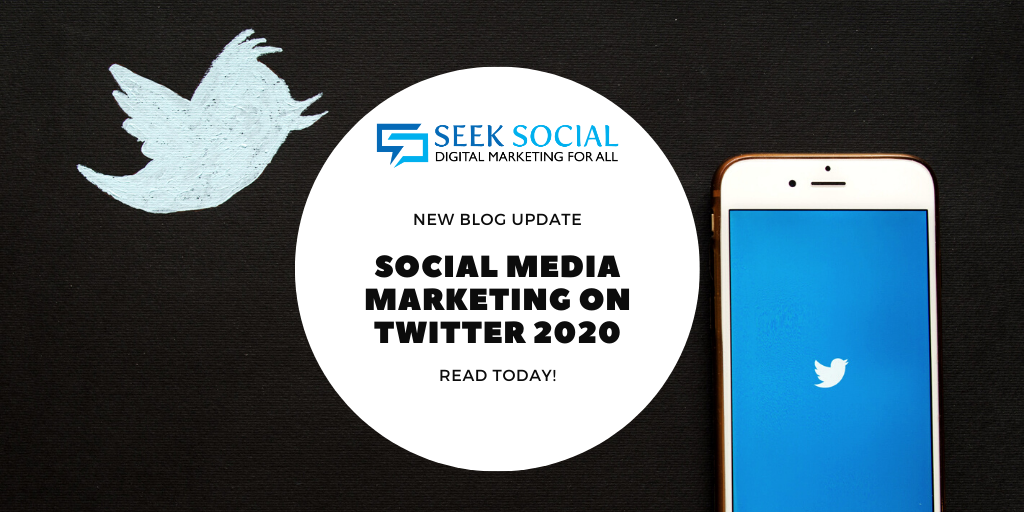 A smartphone showing the Twitter logo against a black background, next to white text reading 'social media marketing on Twitter 2020'