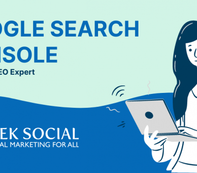 A woman in a white lab coat bearing the Google logo types on a laptop while standing. Text to her left reads 'Google Search Console With Your SEO Expert - Part 3'