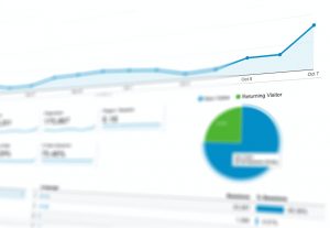 Screenshot of an analytics report, as used by SEO expert teams. Features a line graph above a pie chart and numbers.