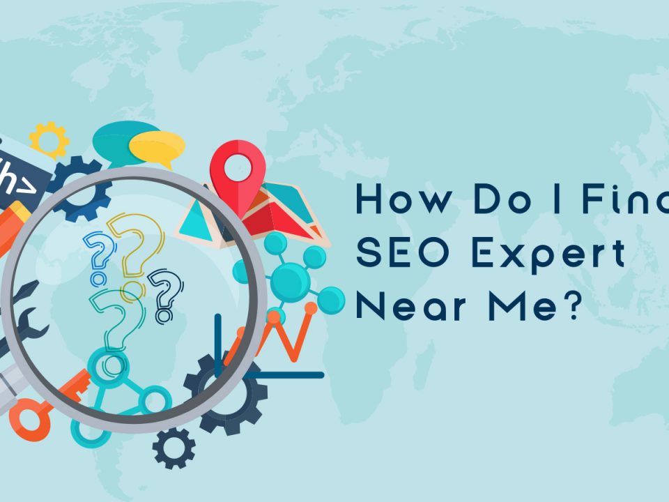a magnifying glass enlarging 3 question marks, next to text reading 'how do I find an SEO expert near me?'