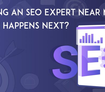 Text reading 'finding an SEO expert near me: What happens next?' on a violet background. The O in SEO is a gear, and there are bar charts and targets present un the background.