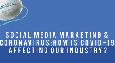 people sat on a giant laptop, reading various documents, on a blue backround with text reading 'Social Media Marketing & Coronavirus: How Is COVID-19 Affecting Our Industry?'