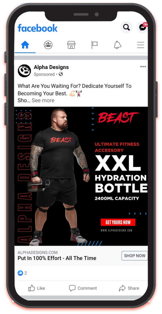 Alpha Designs Eddie Hall FaceBook ad holding XXL Hydration Bottle