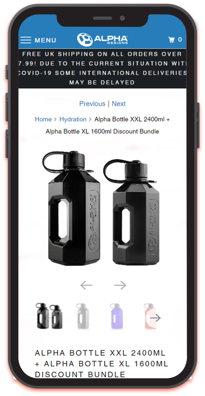 Alpha Designs website with XXL Bottles being ordered