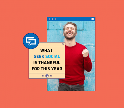 a cheerful looking man on a pink background next to text reading 'what Seek Social is thankful for this year'