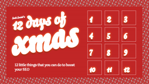 text reading '12 days of Xmas' next to 12 squares reminiscent of an advent calendar, all on a red background with a festive border