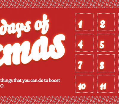 text reading '12 days of Xmas' next to 12 squares reminiscent of an advent calendar, all on a red background with a festive border