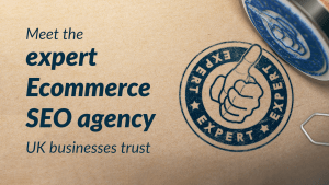 A blue stamp mark featuring a thumbs-up and the word expert, next to text reading 'meet the expert Ecommerce SEO agency UK businesses trust'.