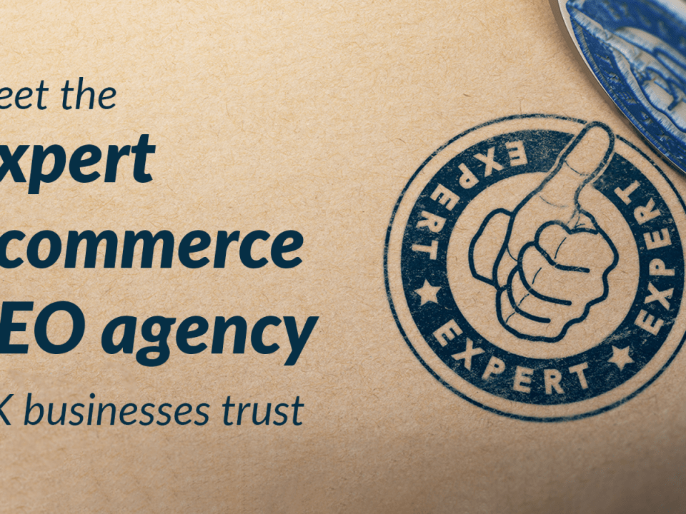 A blue stamp mark featuring a thumbs-up and the word expert, next to text reading 'meet the expert Ecommerce SEO agency UK businesses trust'.