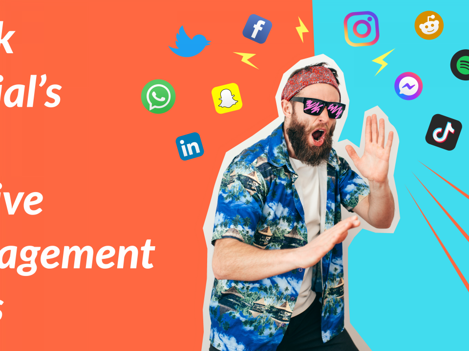 A man in a Hawaiian shirt adopts a kung-fu pose as he stands surrounded by social media platform icons