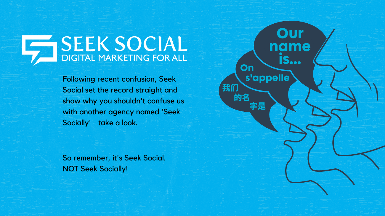 three mouths with speech bubbles saying 'my name is' in different languages, against a light blue background and with text explaining the difference between Seek Social and Seek Socially