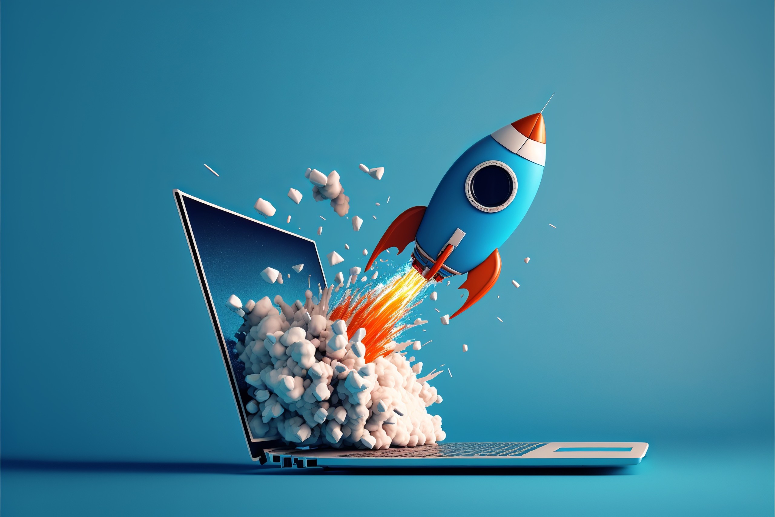 A cartoon style rocket blasting out of a laptop screen. In a light blue background