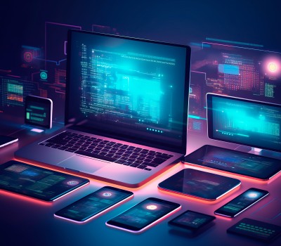 An abstract image showing lots of different devices like mobile phones and laptops. But also ranges from tablets to holograms as well. The bottom of the devices are highlighted with a red/orange and pink glow, where the backs are highlighted with a pink glow